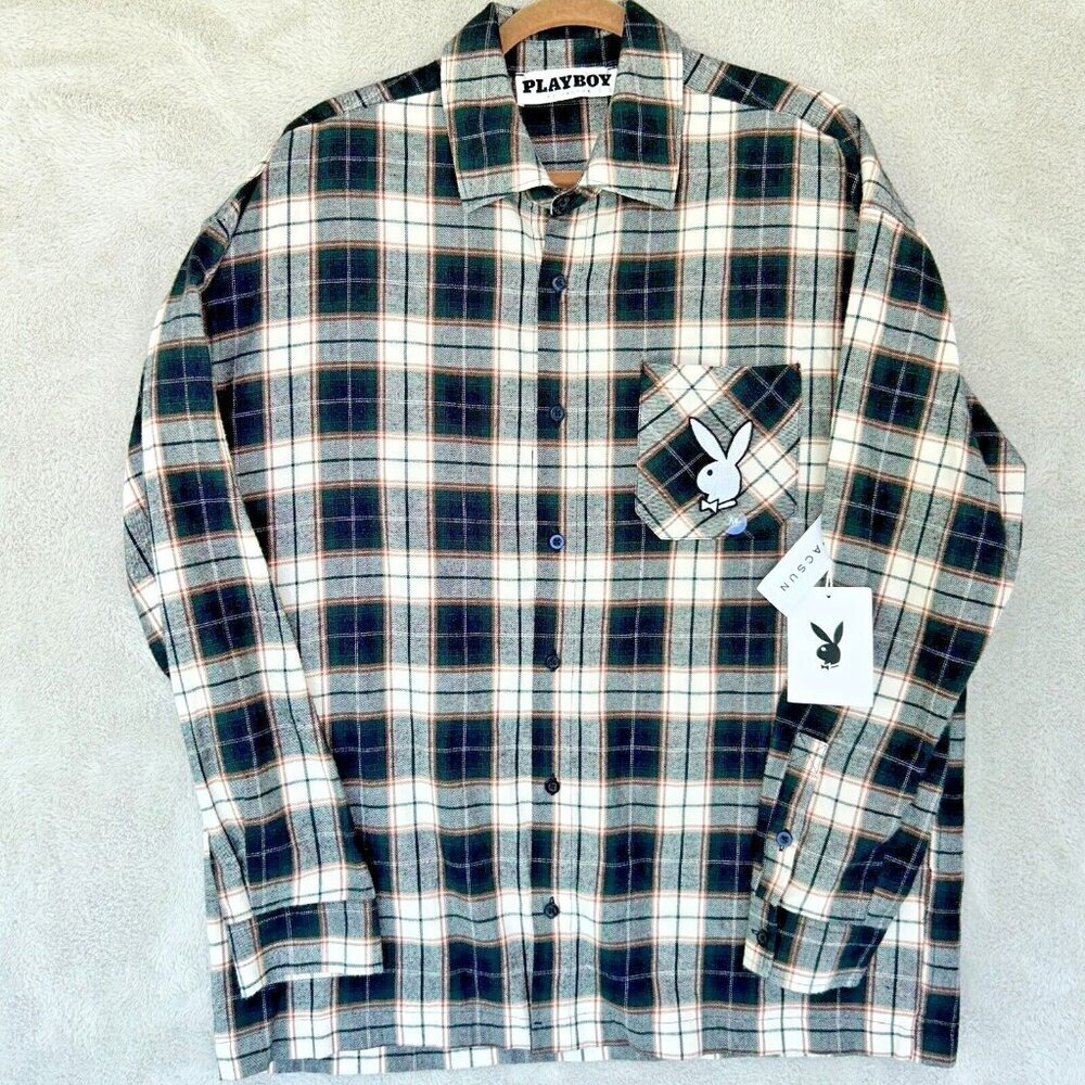 Playboy PacSun Flannel Button Shirt Gray Black Rust Plaid Mens Size M Bunny